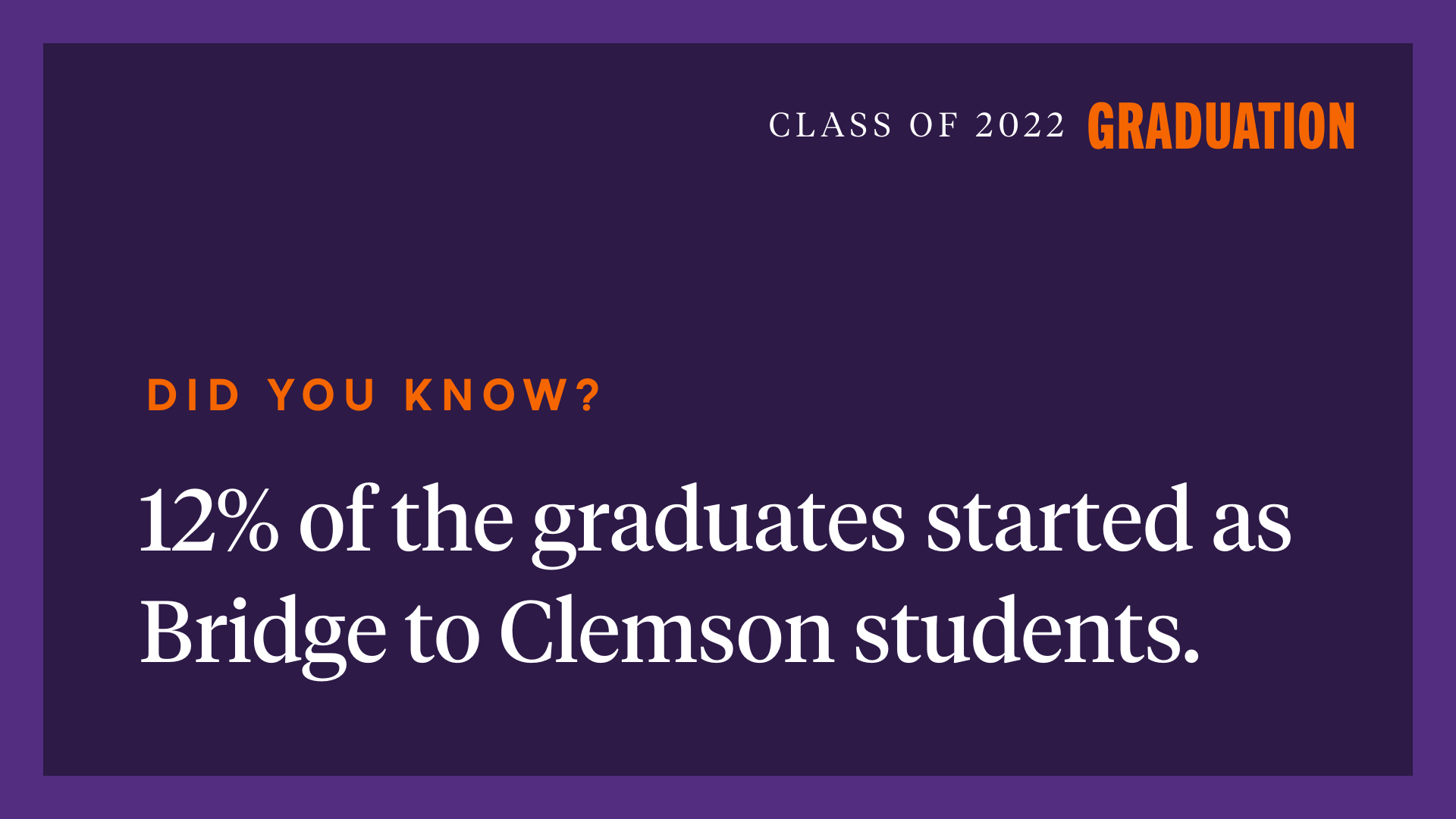Class of 2022 Graduation: Did you know? 12 percent of the graduates started as Bridge to Clemson students.