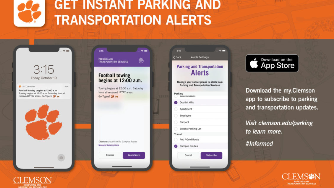 Parking and Transportation Services partnered with CCIT to introduce push notifications to my.Clemson app users