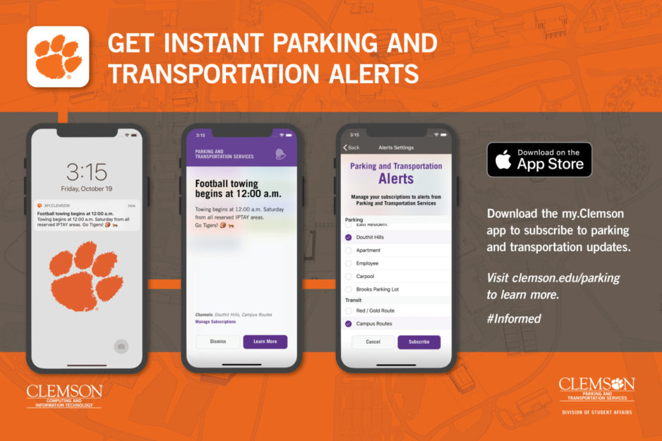 Parking and Transportation Services partnered with CCIT to introduce push notifications to my.Clemson app users