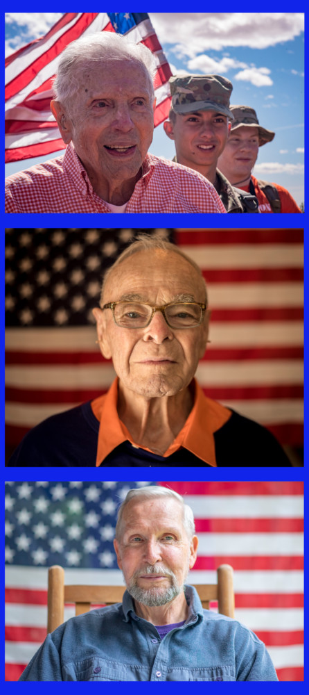 Three photos stacked on top of each other showing each man with an American flag behind them.