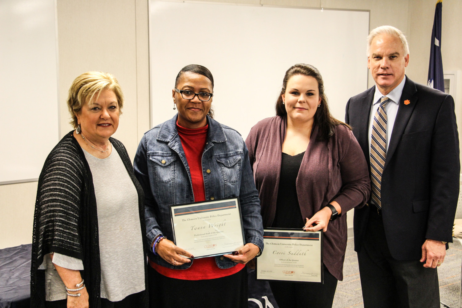 Twana Wright and Corri Sudduth, honored with quarterly CUPD awards in October, pictured with Vice President for Student Affairs Almeda Jacks and Chief of Police Greg Mullen