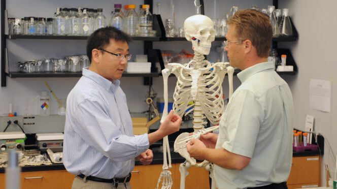Hai Yao, the Ernest R. Norville Endowed Chair of bioengineering at Clemson University and leader of SC-TRIMH, talks with a student in his lab at MUSC.