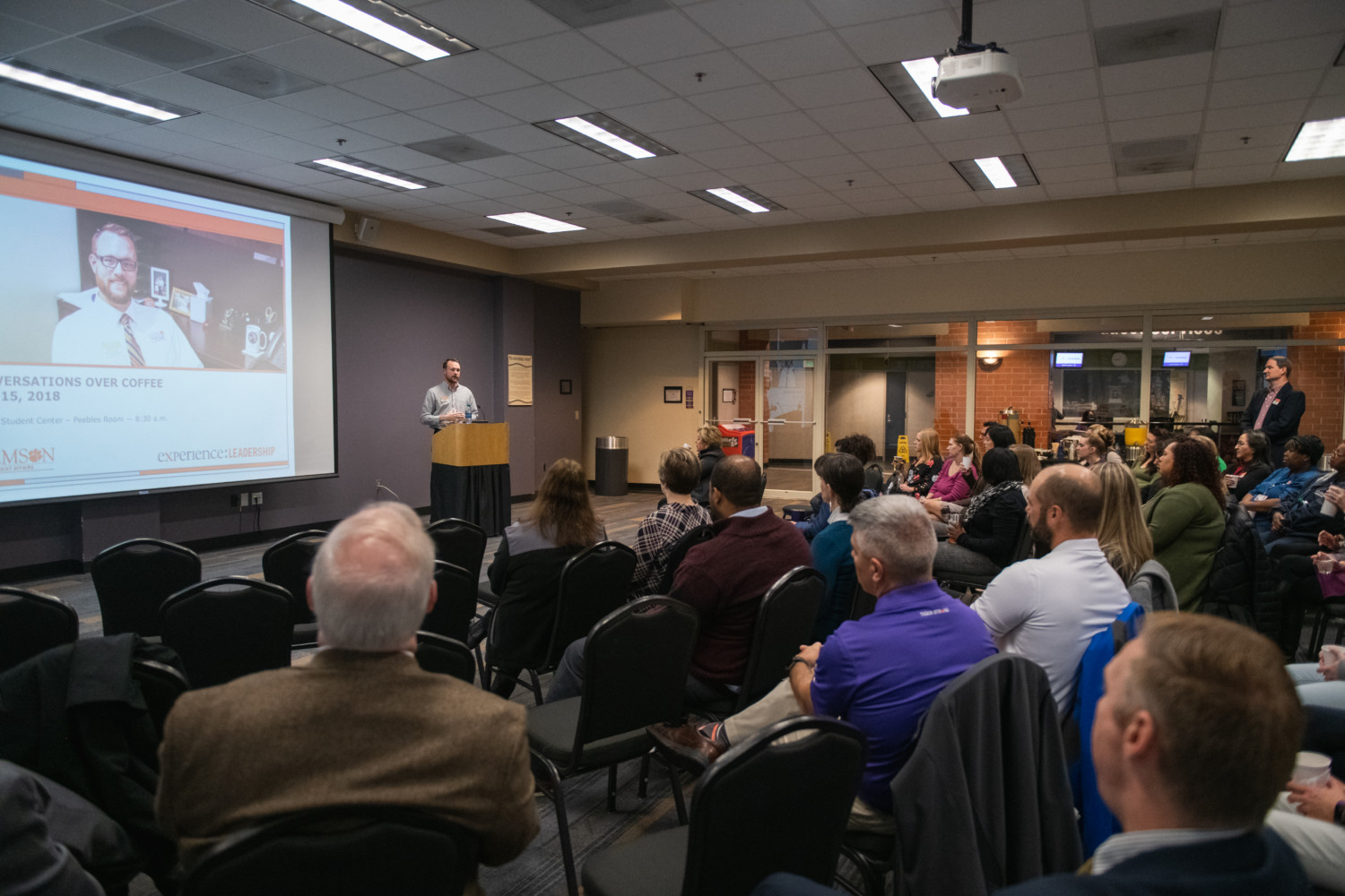 Brennan Beck speaking before a group of colleagues in Hendrix Student Center on Nov. 15, 2018