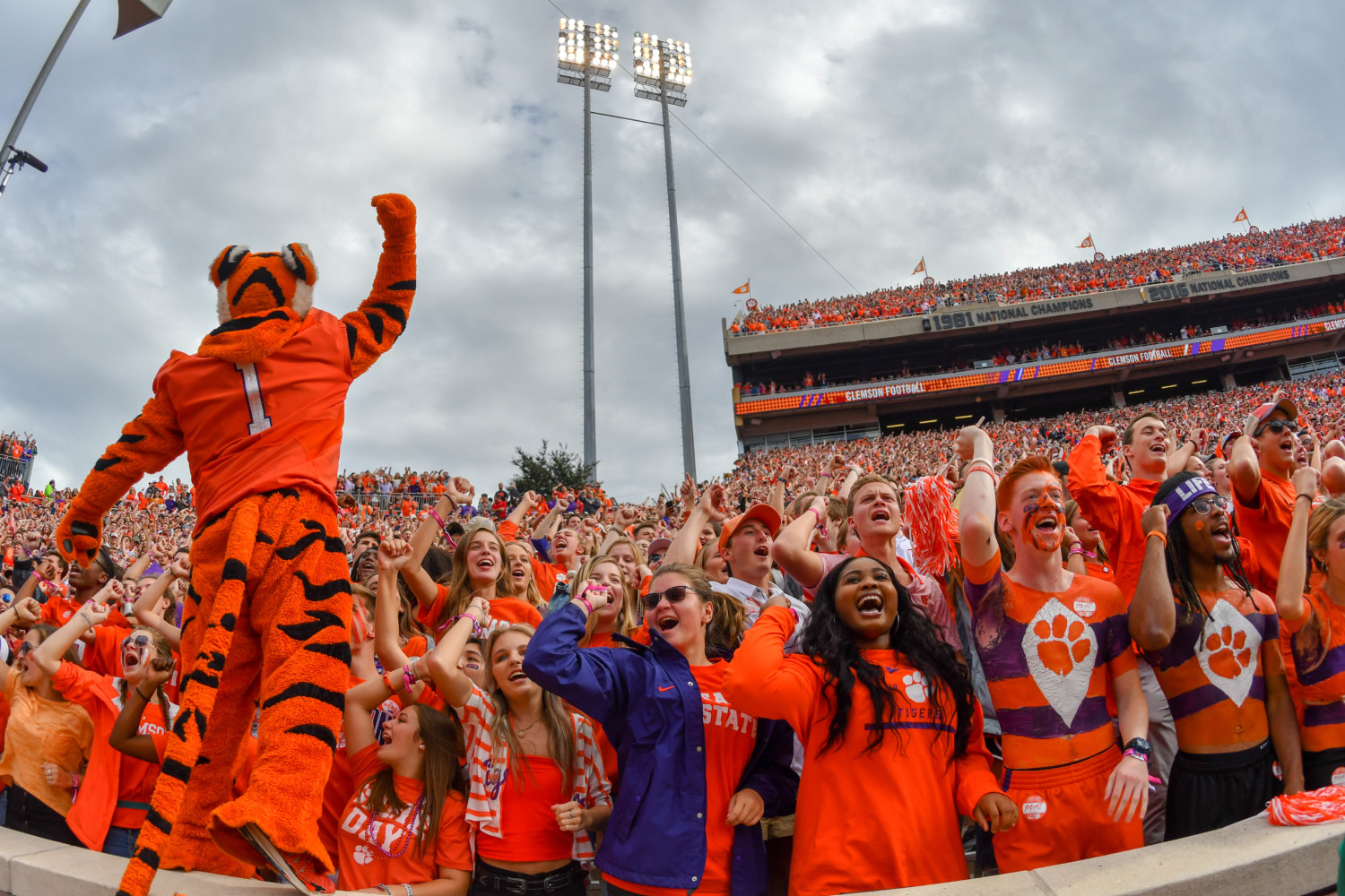 Members of the Clemson student body cheer on the Tigers at a football game against South Carolina on Nov. 24, 2018.