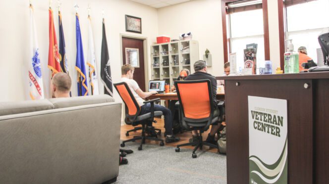 The lounge area of the new Student Veteran Center located in Vickery Hall.
