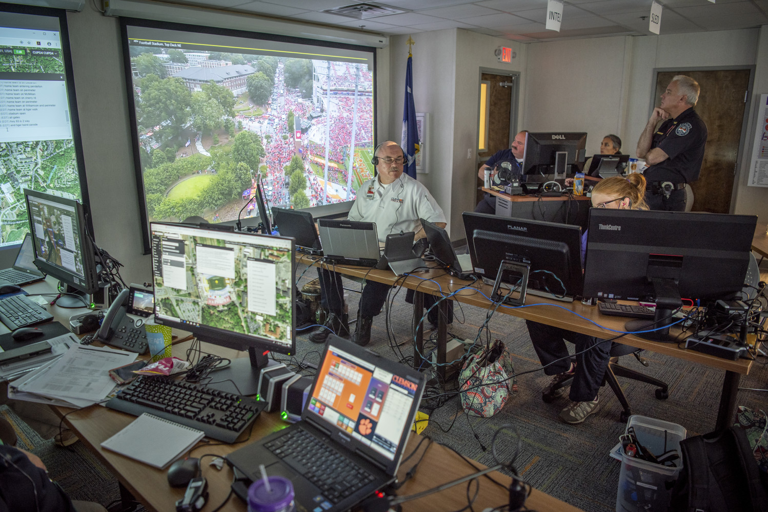 Members of Clemson's emergency operations team at unified command during a football gameday.