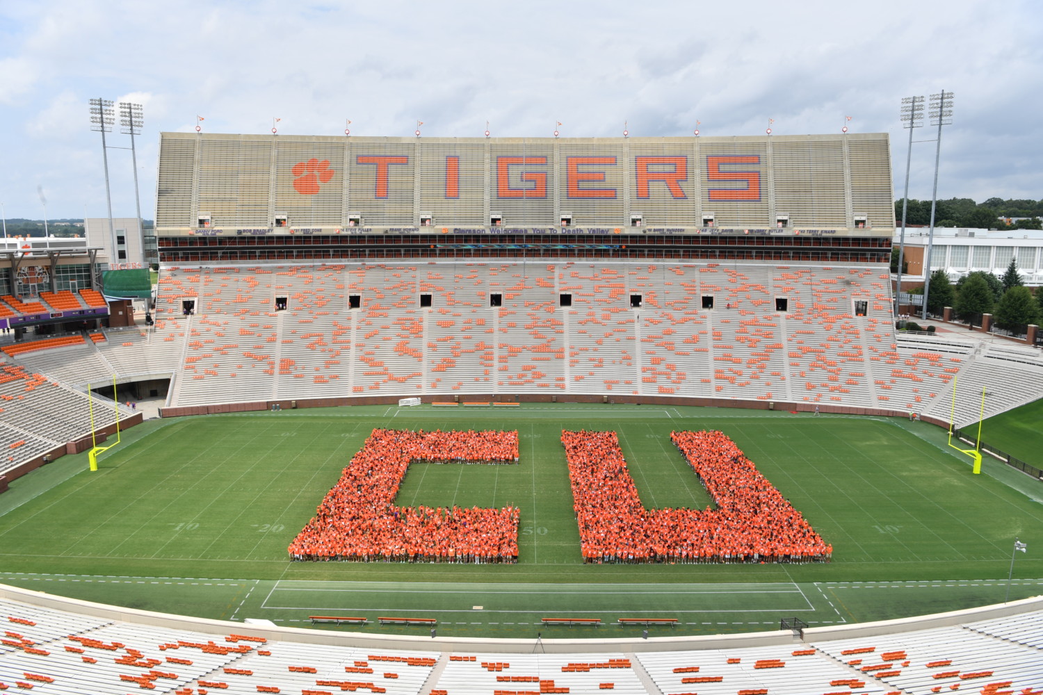 Members of the freshman class form the letters "CU" at midfield of Frank Howard Field in Memorial Stadium prior to the 2018 fall semester.