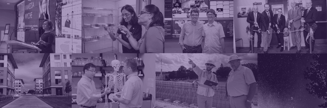 A collage of images including Vanessa Wych speaking in front of podium on campus, a view down the sidewalk between Douthit Hills residence halls, professors working in labs, professors standing in front of a social media wall, DPR staff working on the College of Business site, the night sky, and an image of a ribbon cutting.