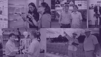A collage of images including Vanessa Wych speaking in front of podium on campus, a view down the sidewalk between Douthit Hills residence halls, professors working in labs, professors standing in front of a social media wall, DPR staff working on the College of Business site, the night sky, and an image of a ribbon cutting.