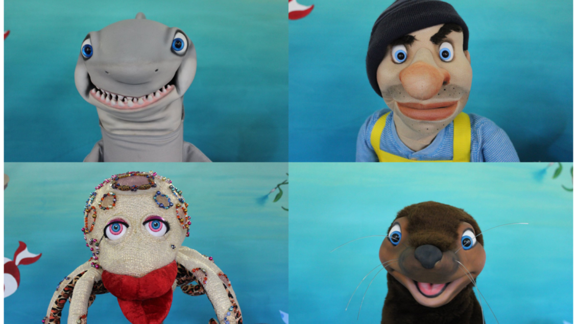 Collage of shark, fisherman, octopus, and seal puppets.