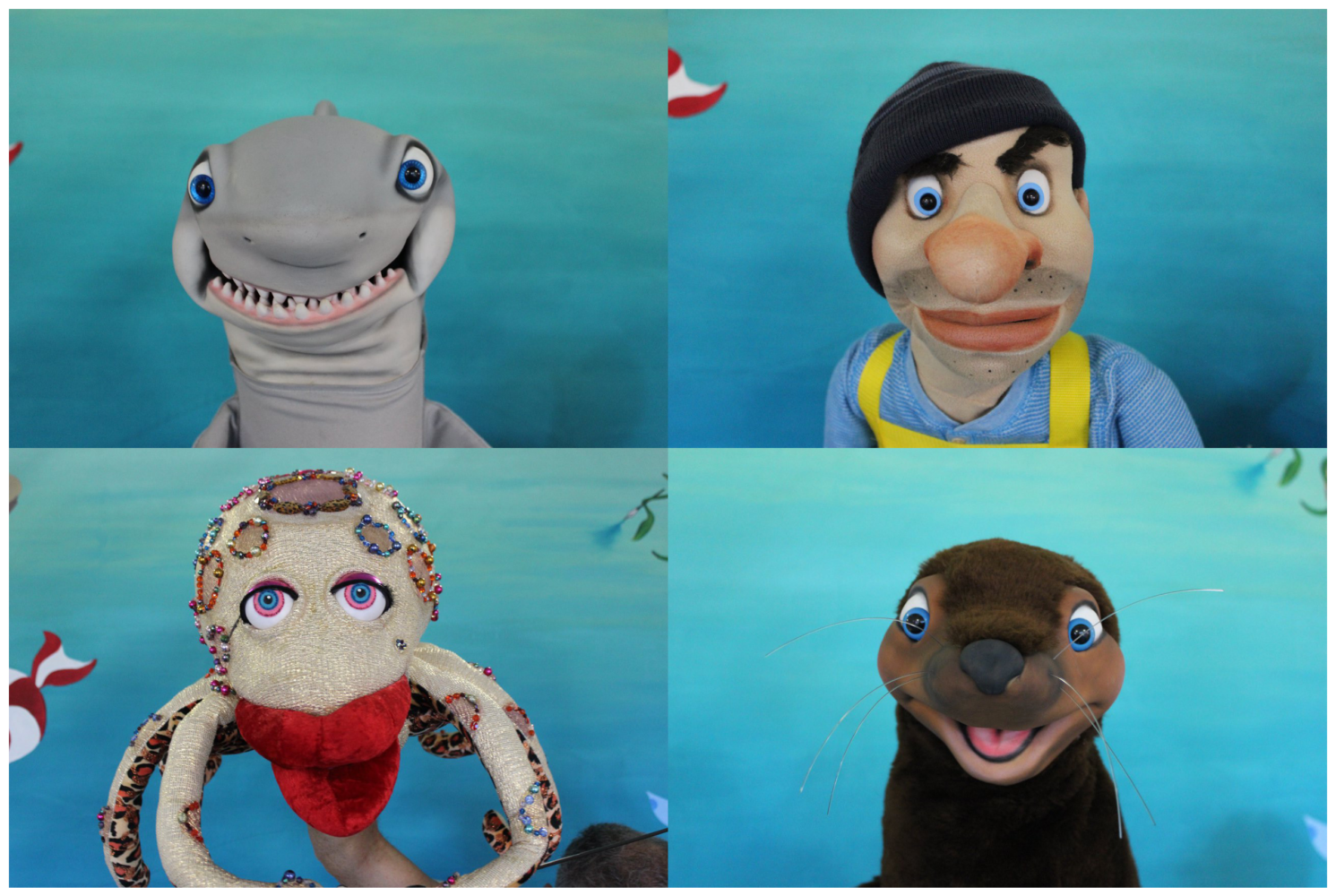 Collage of shark, fisherman, octopus, and seal puppets.
