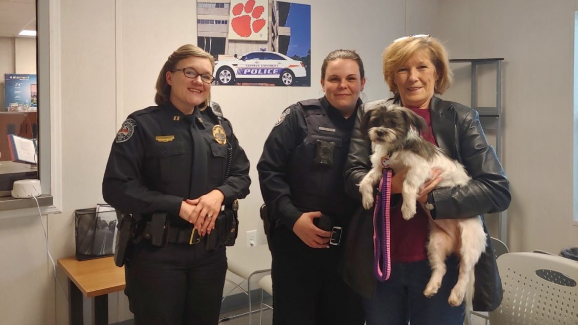 Officer Corri Sudduth meets Seneca resident Tammy Herring, at CUPD on Dec. 28, 2018. Sudduth discovered Herring's missing dog, Chrissy, the day before after she went missing on Christmas Eve.