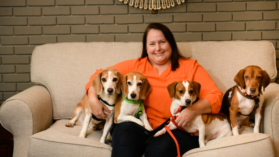 Shawn Haney sits on a cream couch with four beagles — two on her lab and two next to her.