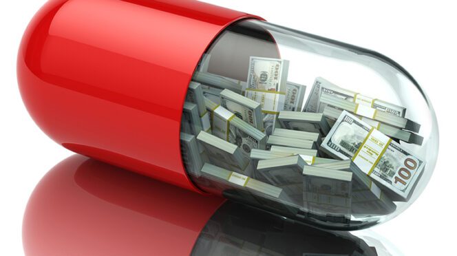 Illustration of medicine capsule with money inside