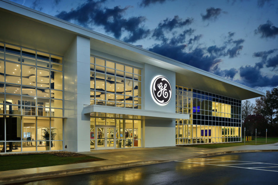 Outside view at night of GE Power's Advanced Manufacturing Works facility in Greenville.