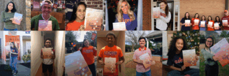 A collection of future Clemson students holding their orange and purple acceptance packets and smiling in excitement.