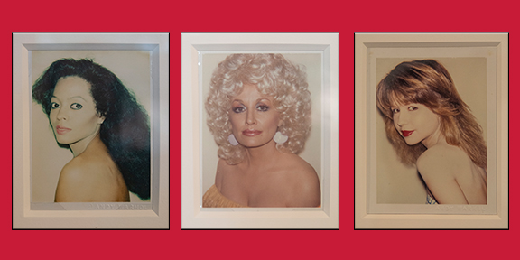 Polaroids of Diana Ross, Dolly Parton, and Pia Zadora on a red background.