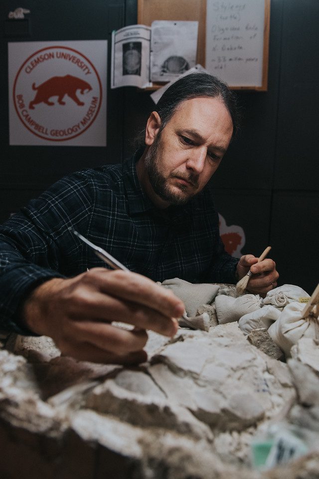 Adam Smith, curator of Clemson's Bob Campbell Geology Museum, chips away stone that has trapped a crocodile fossil for 63 million years.