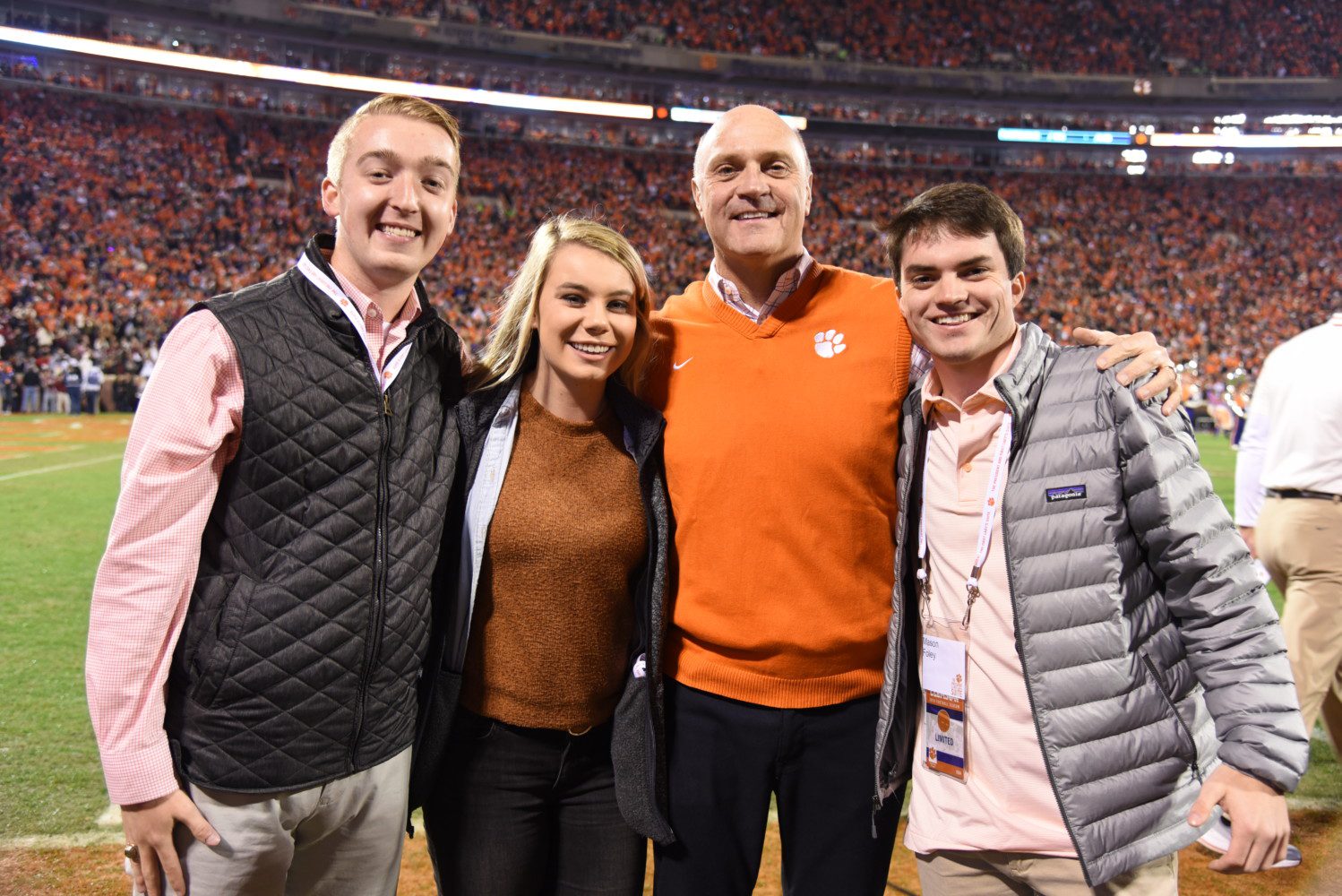 (L-R) Parker Tilley, Logan Young, President Jim Clements and Mason Foley at a Clemson football game in the fall of 2018.