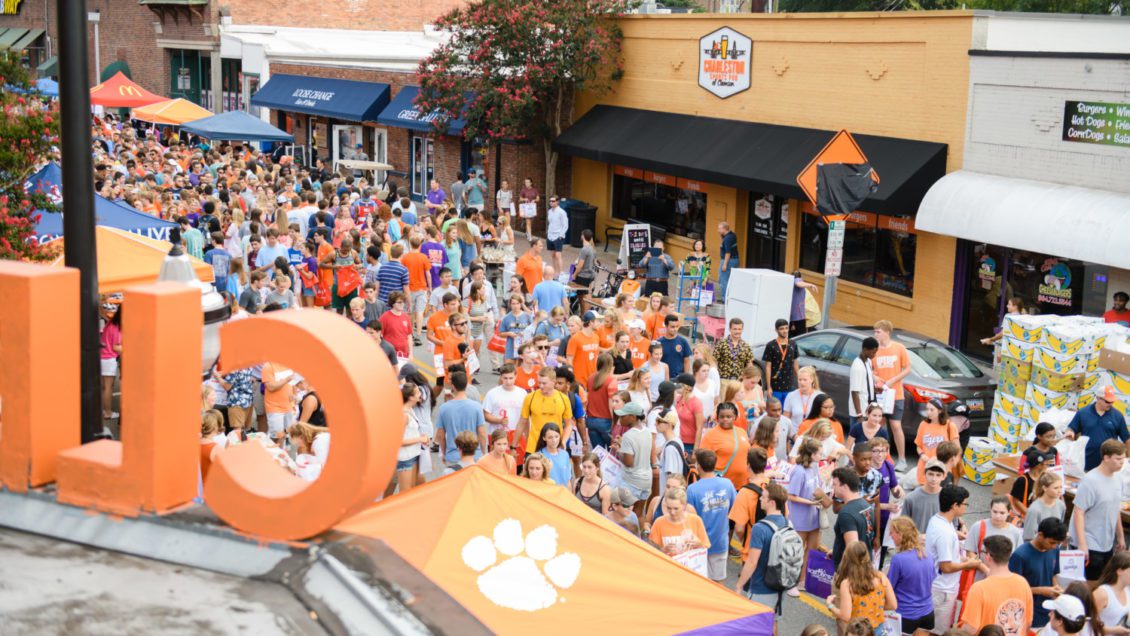 Students gather in downtown Clemson for a 2018 event.