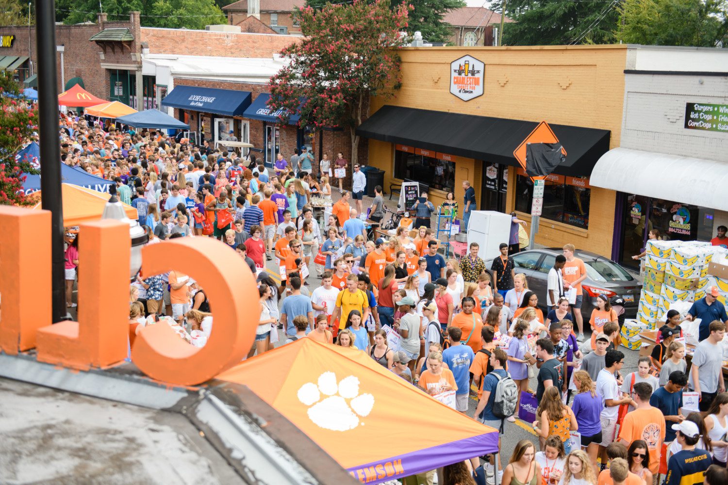 Students gather in downtown Clemson for a 2018 event.