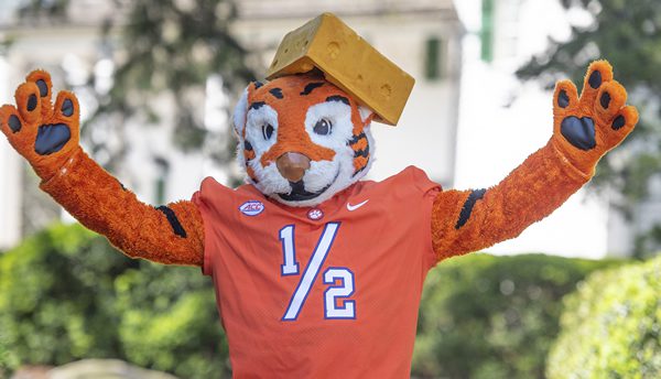 The Clemson Tiger cub wears a cheesehead hat to celebrate Clemson’s fourth-place win in the 2019 United States Championship Cheese Contest held in Wisconsin.