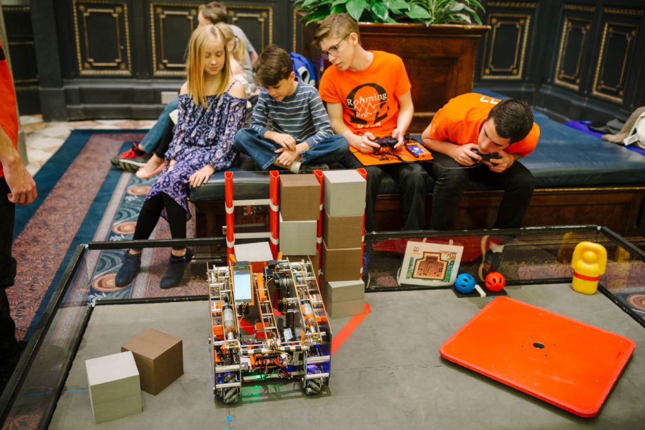 Students and their robots gather in the Statehouse as part of a celebration of STEM education.