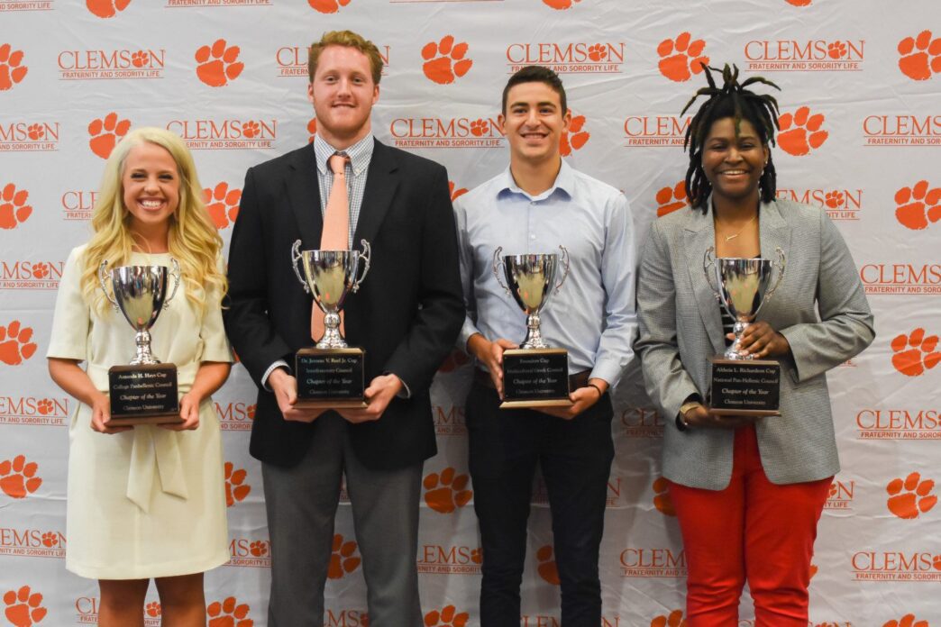 Honorees pose with trophies for the Chapters of the Year within Fraternity and Sorority Life on April 18, 2019.