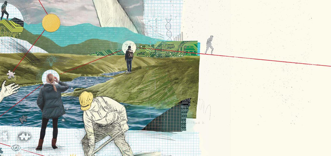 An illustrated graphic shows a man in a construction hat digging, a woman looking a stream, puzzle pieces, mountains and a woman teaching. It's meant to illustrate the idea of how big data is used in numerous ways.