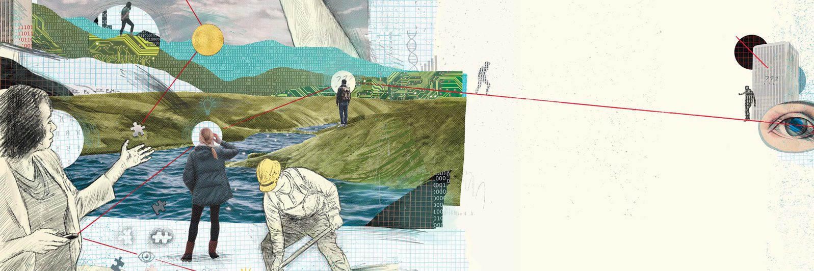 An illustrated graphic shows a man in a construction hat digging, a woman looking a stream, puzzle pieces, mountains and a woman teaching. It's meant to illustrate the idea of how big data is used in numerous ways.