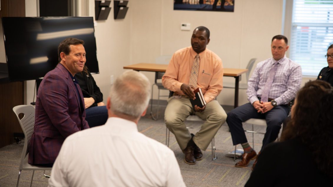 Jon Gordon, noted speaker and author, visits with members of CUPD on April 5, 2019.