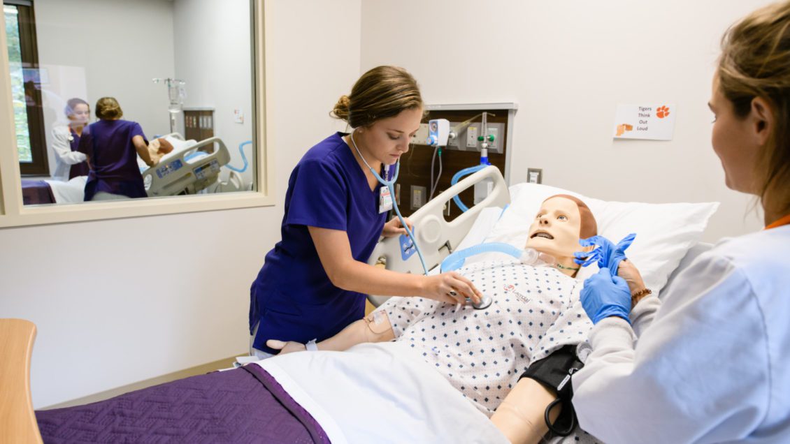 Nursing students practice running scenarios in the newly renovated simulation space in Edwards Hall.