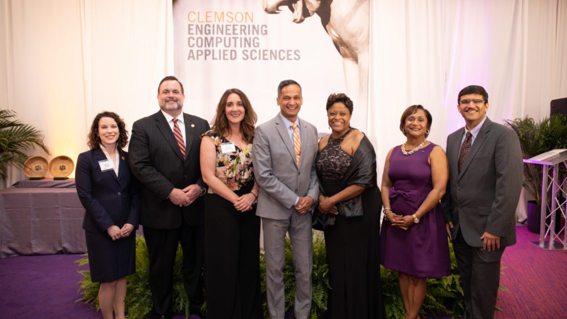 The 2019 honorees posed for a picture with Dean Anand Gramopadhye after a gala at Memorial Stadium. Those pictured are (from left): Allison Godwin, I.V. Hall, Chelsea L. Ex-Lubeskie, Gramopadhye, Denise Rutledge Simmons, Vanessa Ellerbe Wyche and Amol V. Janorkar.
