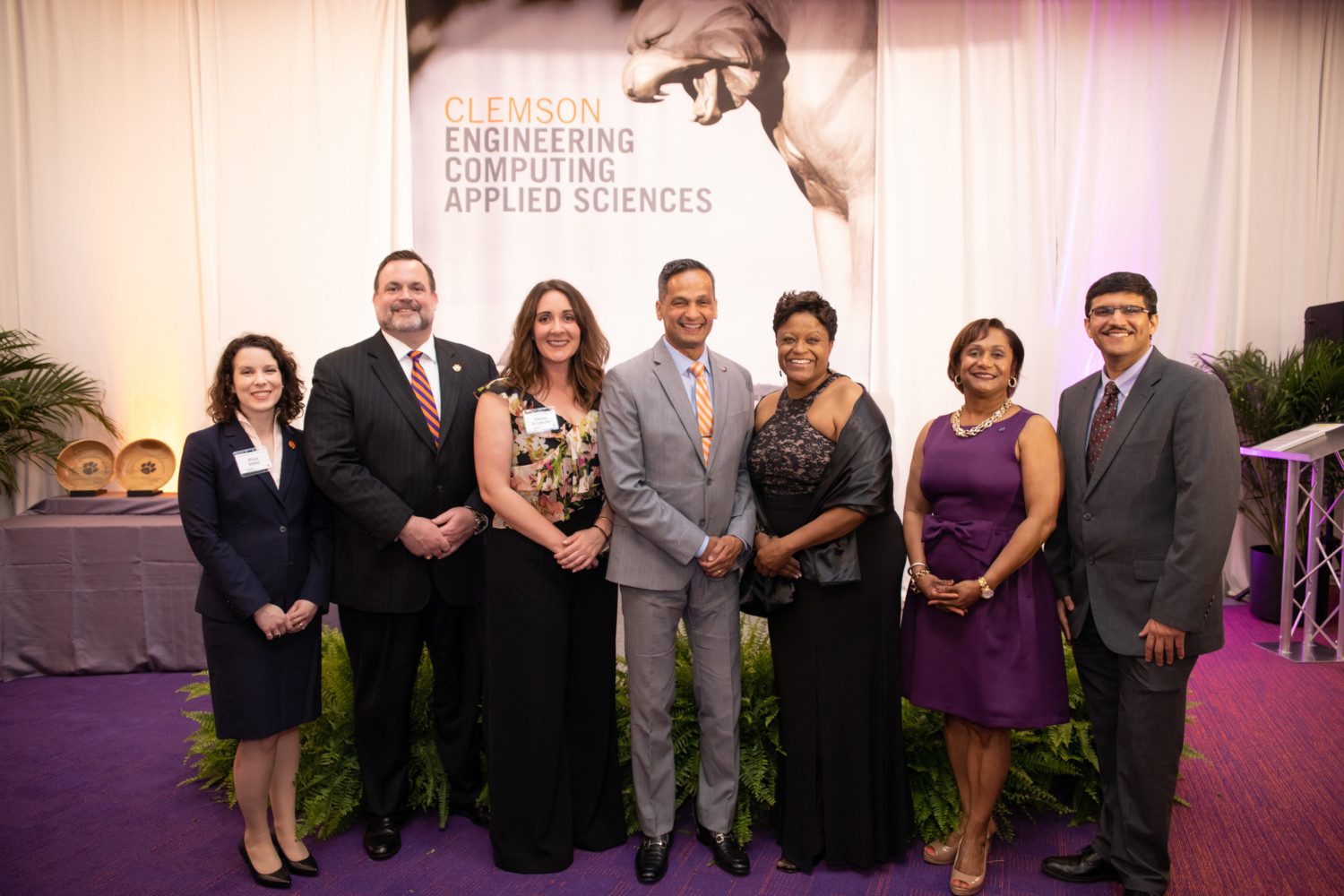 The 2019 honorees posed for a picture with Dean Anand Gramopadhye after a gala at Memorial Stadium. Those pictured are (from left): Allison Godwin, I.V. Hall, Chelsea L. Ex-Lubeskie, Gramopadhye, Denise Rutledge Simmons, Vanessa Ellerbe Wyche and Amol V. Janorkar.