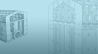 A 3-D rendering of a house that feature interlocking pieces.