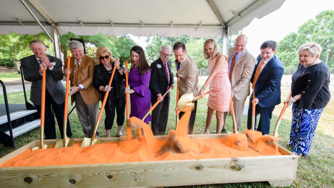 (L-R) Roy McCall, Charles Barker, Susan Barker, Mary Cadden, Melvin Younts, Ken Cadden, Beth Clements, Jim Clements, Matt Gabriel and Almeda Jacks participate in a ceremonial groundbreaking on May 23, 2019 for the Samuel J. Cadden Chapel.