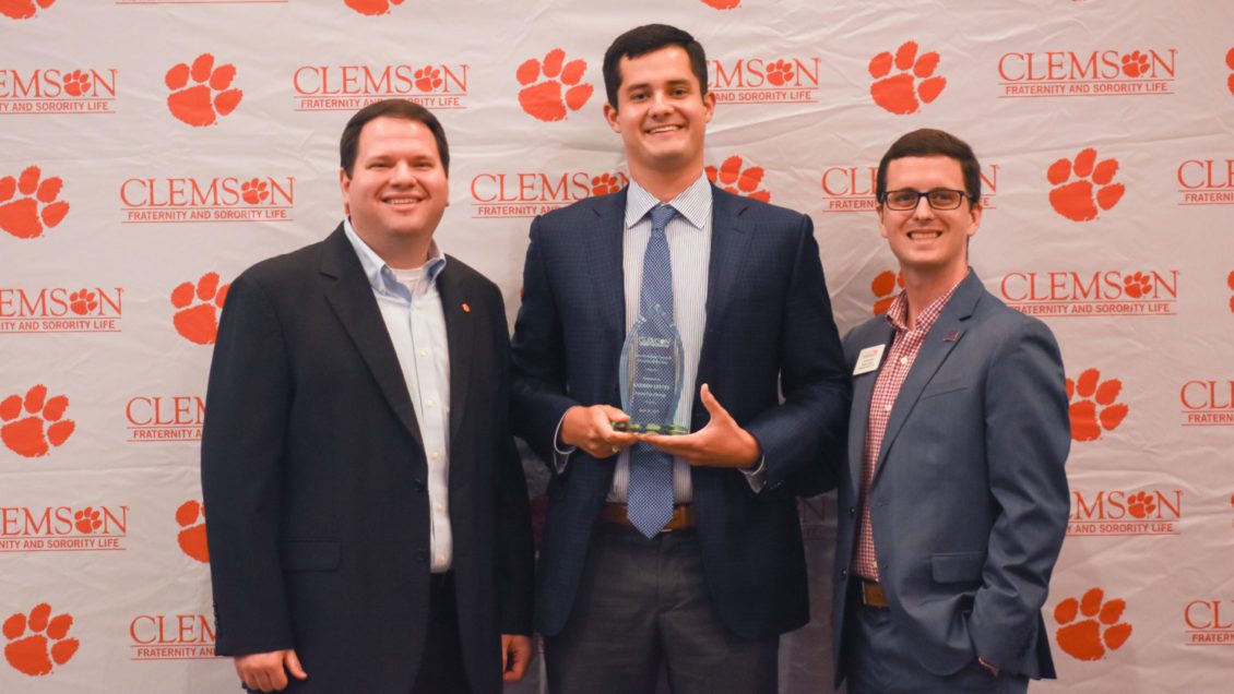 Andrew Levitt (middle) was named 2019 IFC Man of the Year during the recent Fraternity and Sorority Life Awards. He is pictured alongside Gary Wiser (left) and Joe Strickland of Fraternity and Sorority Life.