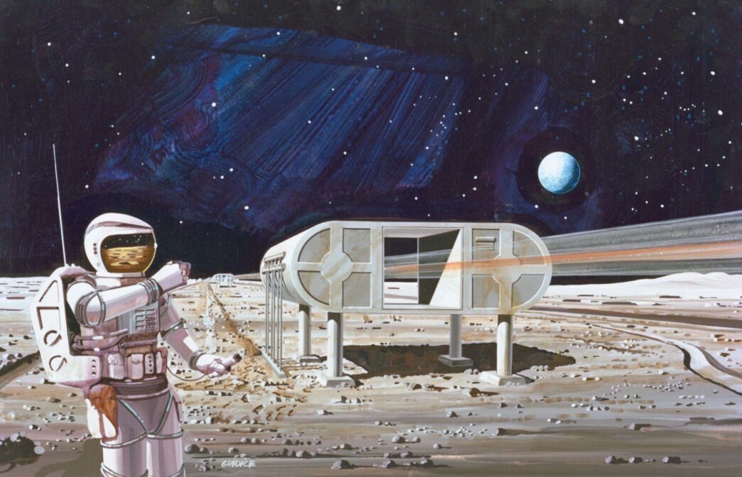 An artist's drawing of a moon colony: a futuristic building on stilts and a person in a spacesuit.