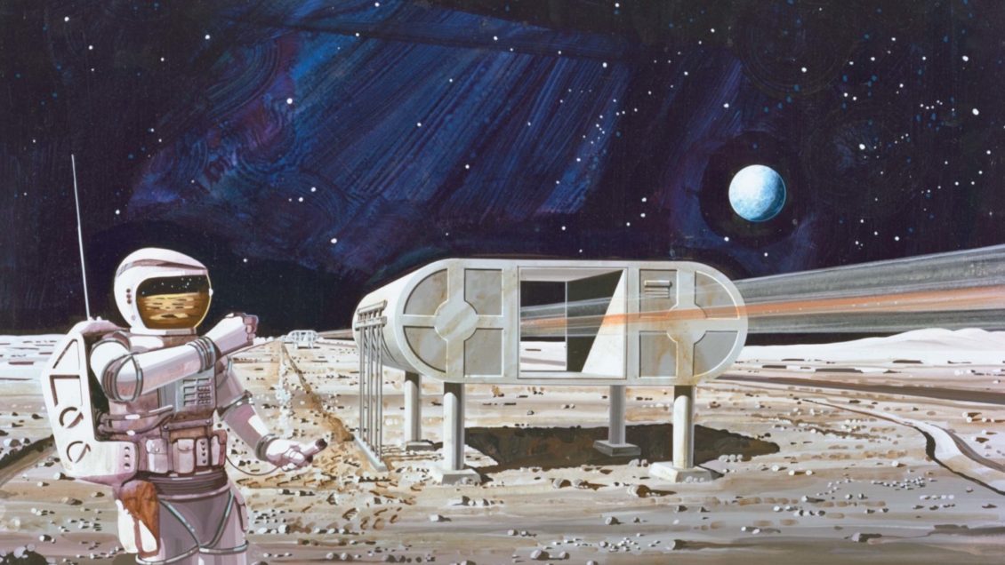 An artist's drawing of a moon colony: a futuristic building on stilts and a person in a spacesuit.