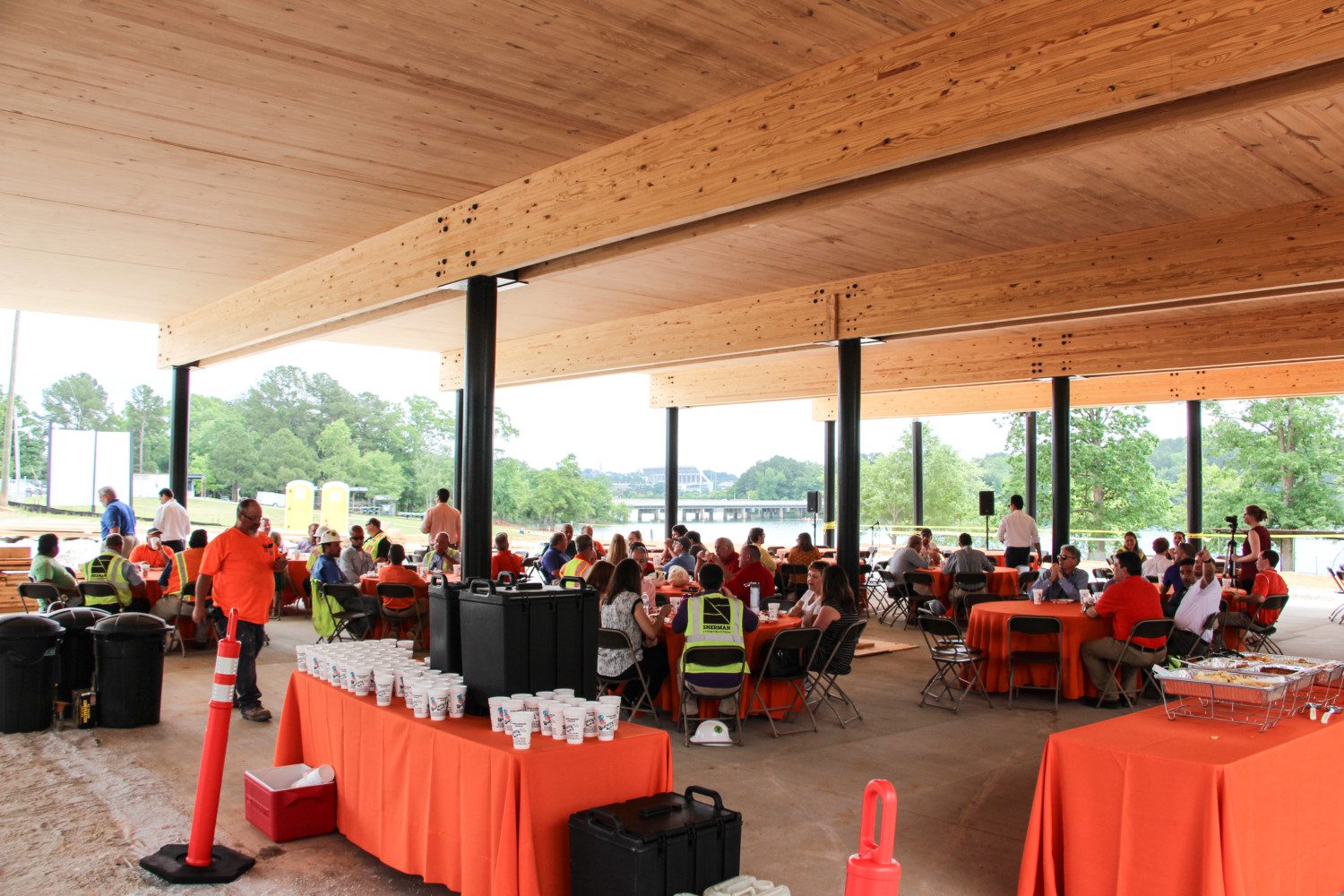 Members of Sherman Construction, Campus Recreation and other project stakeholders came together May 8 to celebrate progress on the 16,500-square foot Outdoor Education Center, located at the Snow Family Outdoor Fitness and Wellness Center.