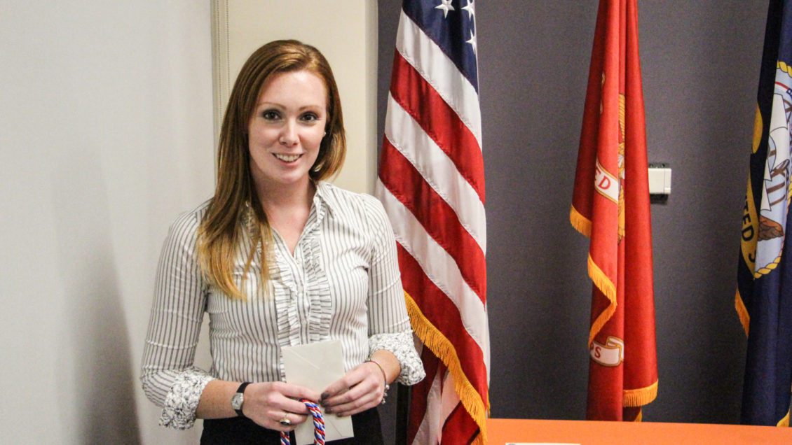 Amanda Nicks at the December 2018 "Hail and Farewell" ceremony for graduating student veterans