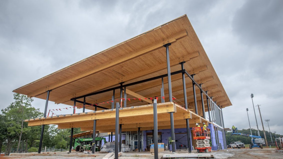 The new Outdoor Education Center, located at the Snow Family Outdoor Fitness and Wellness Center, features a unique blend of steel beams and southern yellow pine cross-laminated timber.