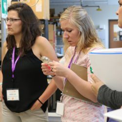 Jessica Heritage from Phillipsburg High School in Phillipsburg, New Jersey observes Botrytis isolates growing in a petri dish during the 2019 STEM it UP! conference at Clemson University.