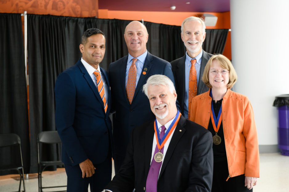Those pictured (from left) are: Anand Gramopadhye, dean of the College of Engineering, Computing and Applied Sciences; Clemson President James P. Clements; Mark Johnson, the Thomas F. Hash ‘69 SmartState Endowed Chair in Sustainable Development; Robert Jones, the executive vice president for academic affairs and provost; and Amy Apon, the C. Tycho Howle Director of the School of Computing.