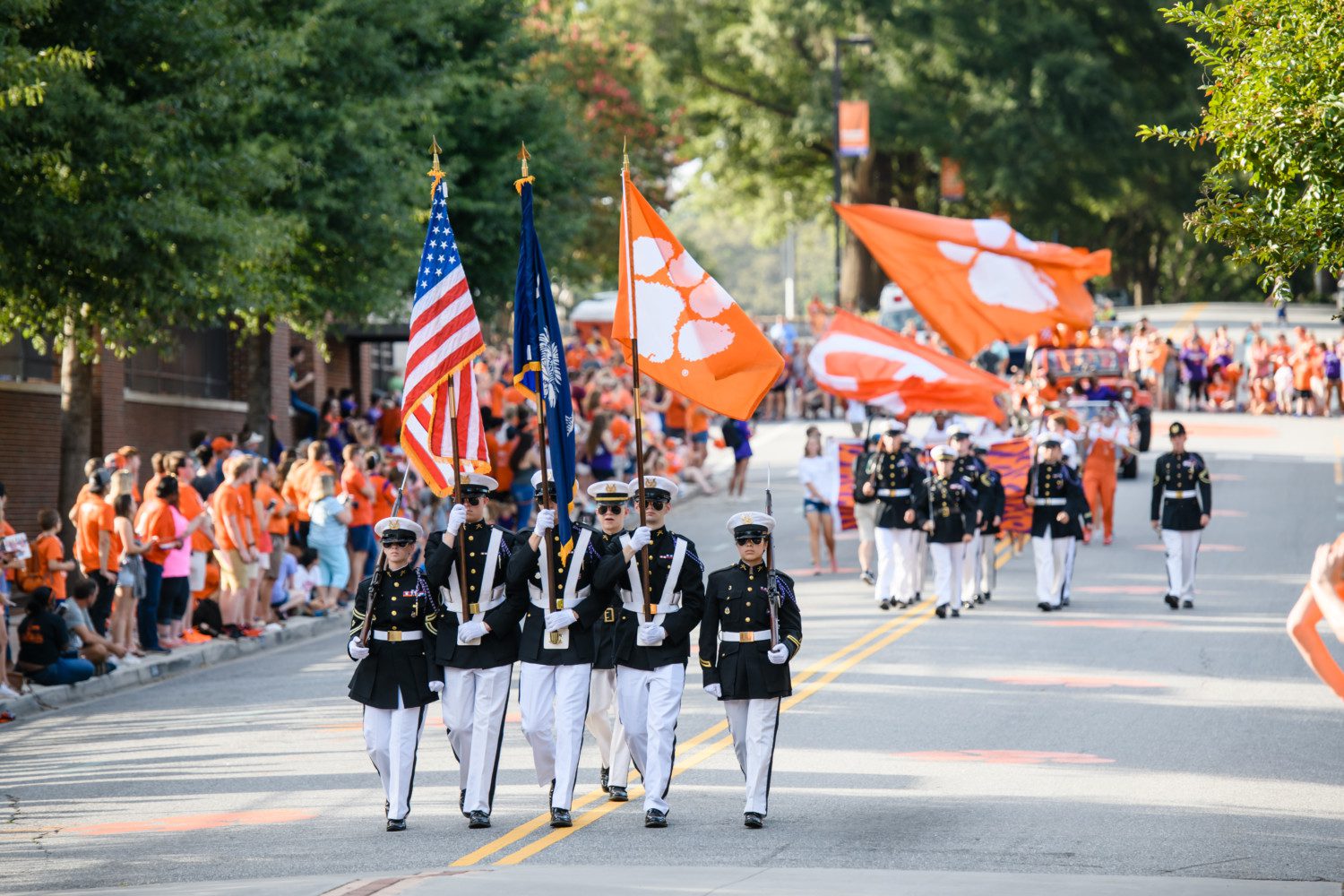 ROTC members display flags during the 2018 First Friday Parade
