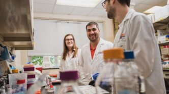 Mark Blenner (center) works in his lab with students Lexie Adams (left) and Will Burnette.