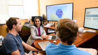 Sapna Sarupria (center) meets in her office with Ryan DeFever of Greenville, left, and Steven Hall of Anderson.