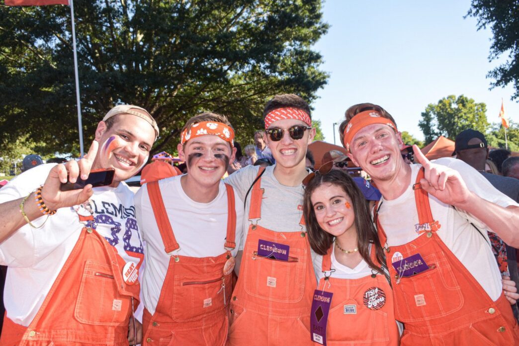 Cam Walters (middle) joins four other members of Central Spirit prior to the Clemson football opener against Georgia Tech on Aug. 29, 2019