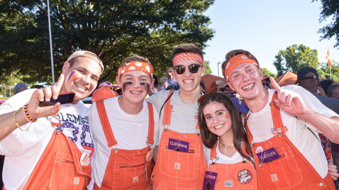 Cam Walters (middle) joins four other members of Central Spirit prior to the Clemson football opener against Georgia Tech on Aug. 29, 2019