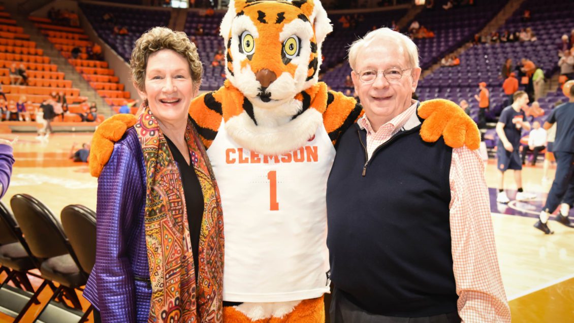 Joe and Cathy Turner with Clemson Tiger mascot.